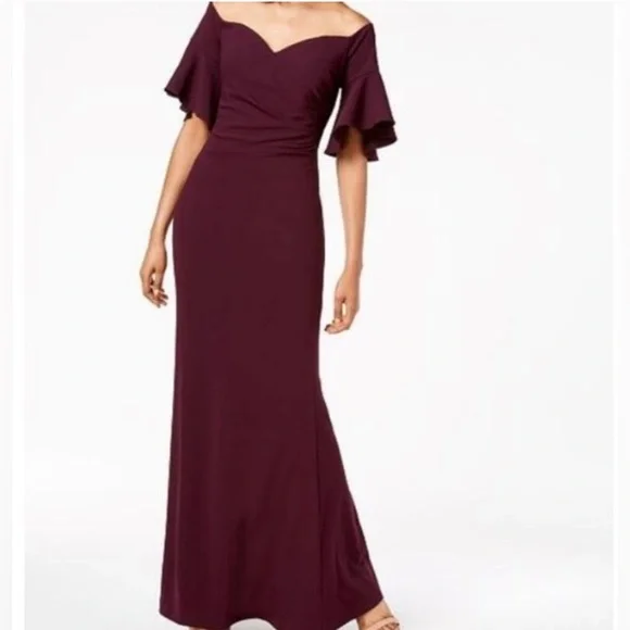 Calvin Klein Womens Solid Gown Off-Shoulder Dress, Purple, 12 Calvin Klein Womens Solid Gown Off-Shoulder Dress, Purple, 12
